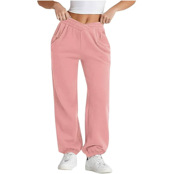 BXINGOHAI Women's V Crossover Waist Sweatpants Baggy Y2K Jogger Pants Thin Fleeced Lounge Pants With Pockets Today Pink,M