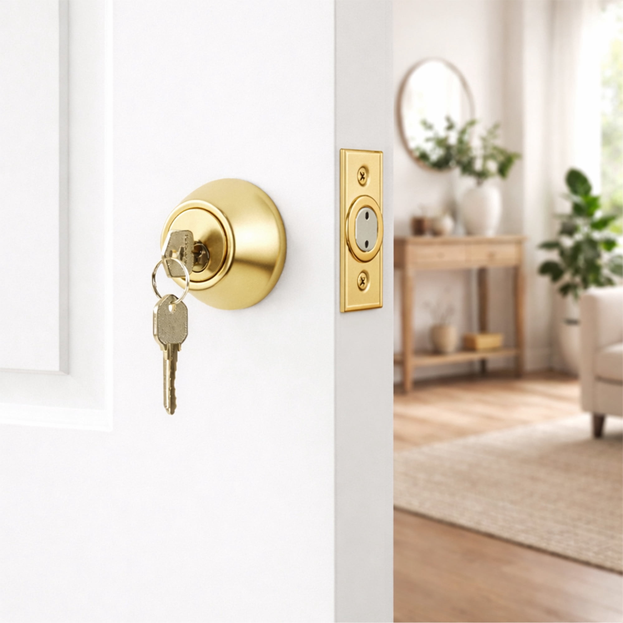 Polished Brass Keyed Entry Deadbolt with Twist-Knob Interior, 6-Way Adjustable Latch