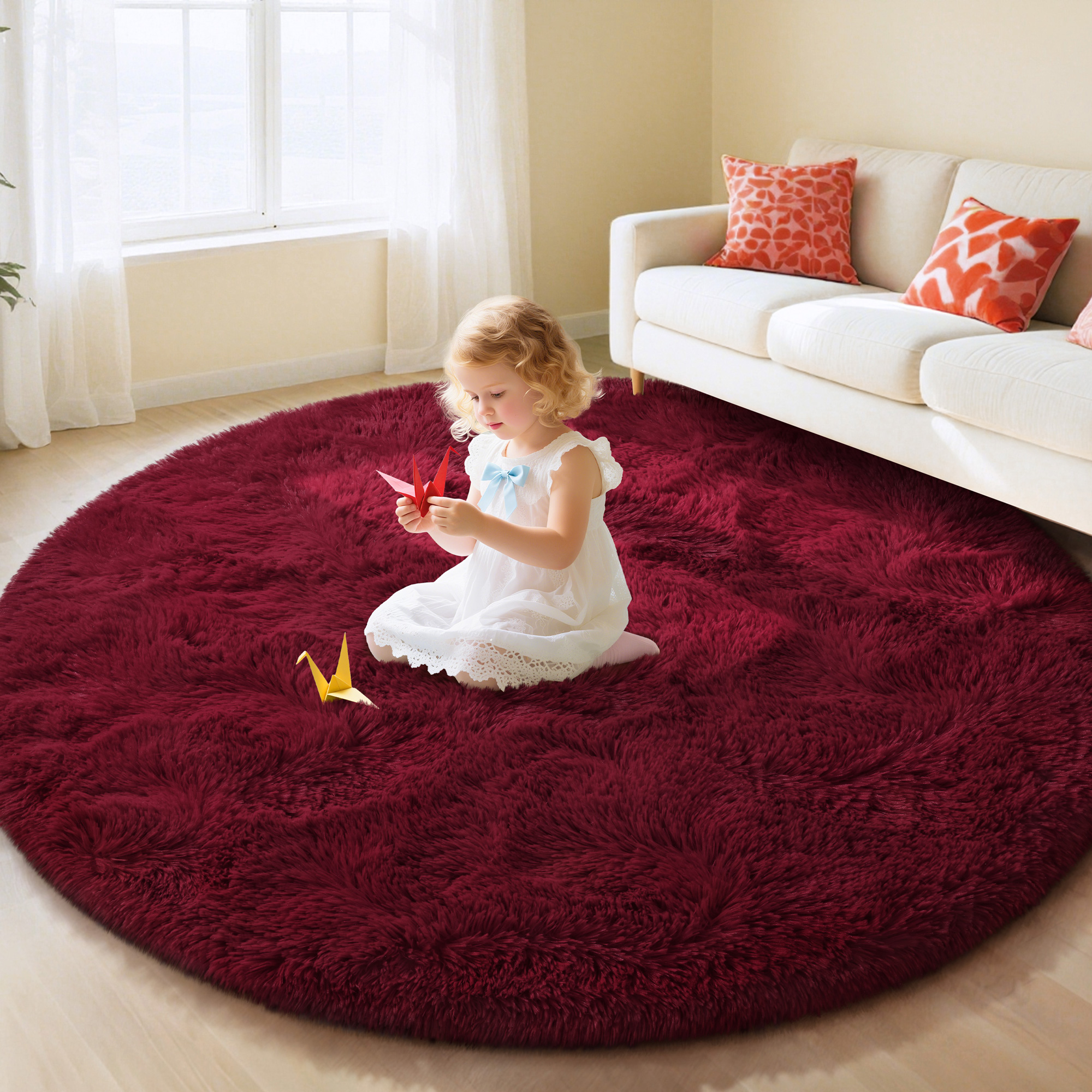 KIXINWA Burgundy Round Rug for Girls Bedroom, Fluffy Circle Rug for Kids Room, 5x5 Feet Plush Area Rug for Bedroom, Soft Fuzzy Circular Rug, Non Slip Shaggy Living Room Rug