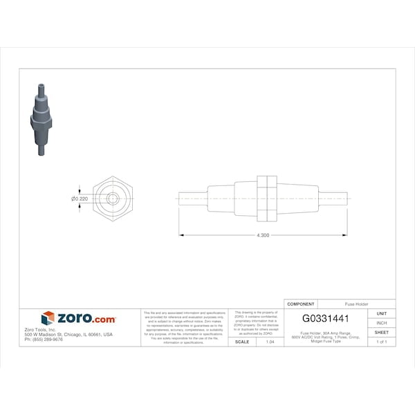Fuse Holder, 0 to 30A Amp Range, 600V AC/DC Volt Rating, 1 Poles, Crimp FEB-11-11