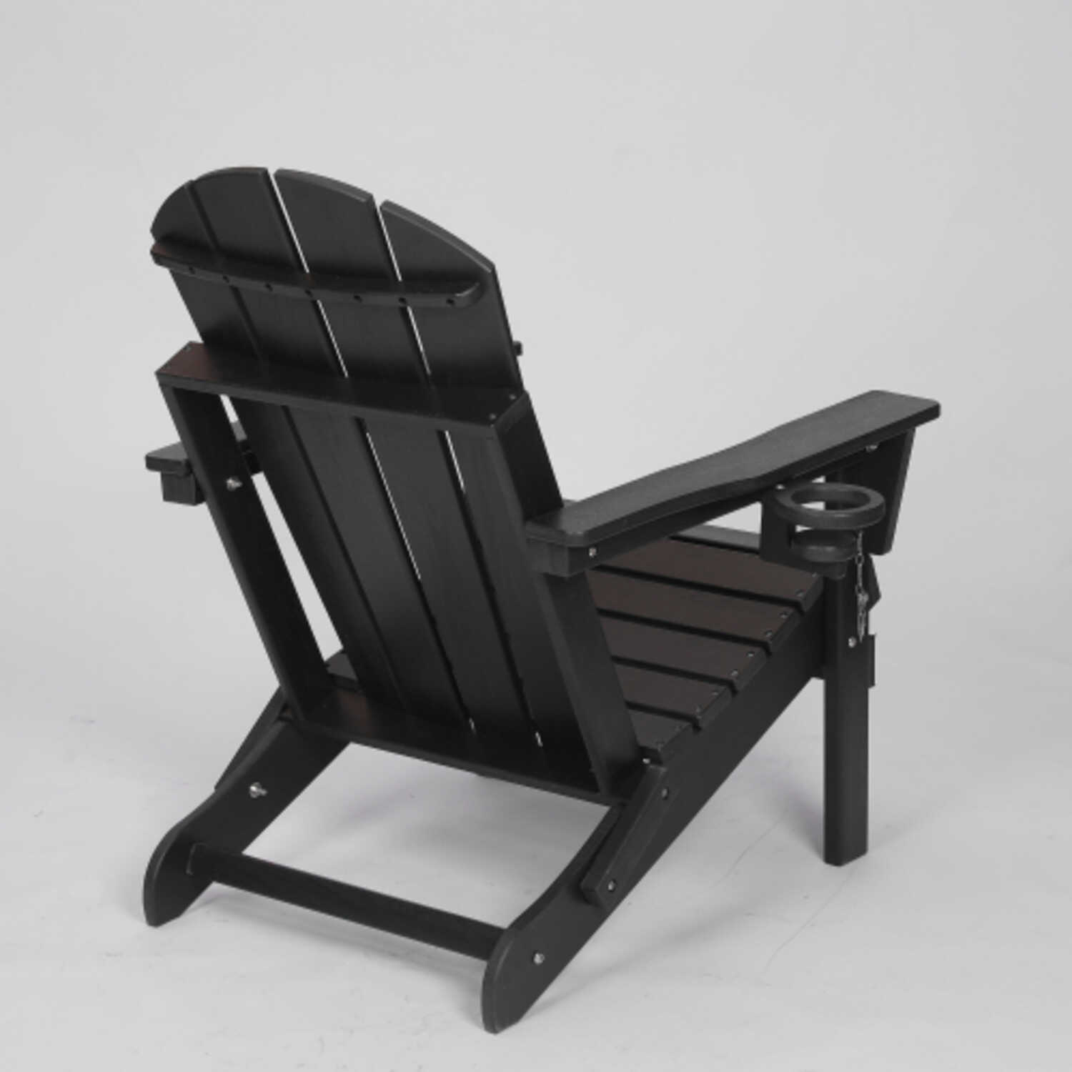 Black HDPE Folding Adirondack Chair with Wood Texture Composite Material and Built in Dual Cup Holders