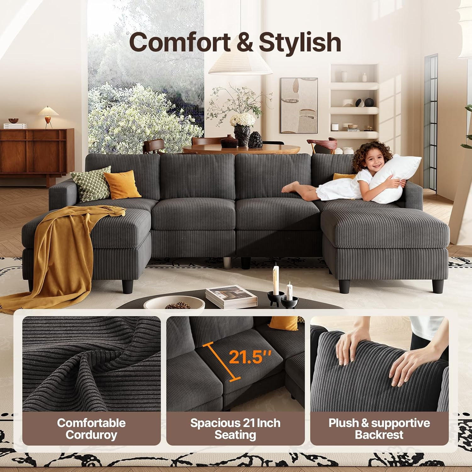 AENKYO U-Shaped Sectional Sofa Couch with 2 Ottomans, Convertible 4-Seat Living Room Furniture with Removable Cushions, Gray