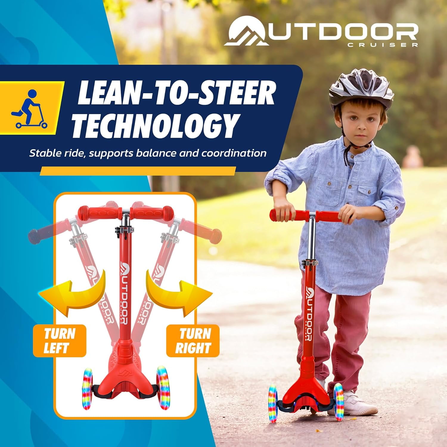 OutdoorCruiser Red 3-Wheel Kids Scooter – Lean-to-Steer, Wide Deck, LED Wheels, Adjustable T-Bar, 150 lbs Capacity