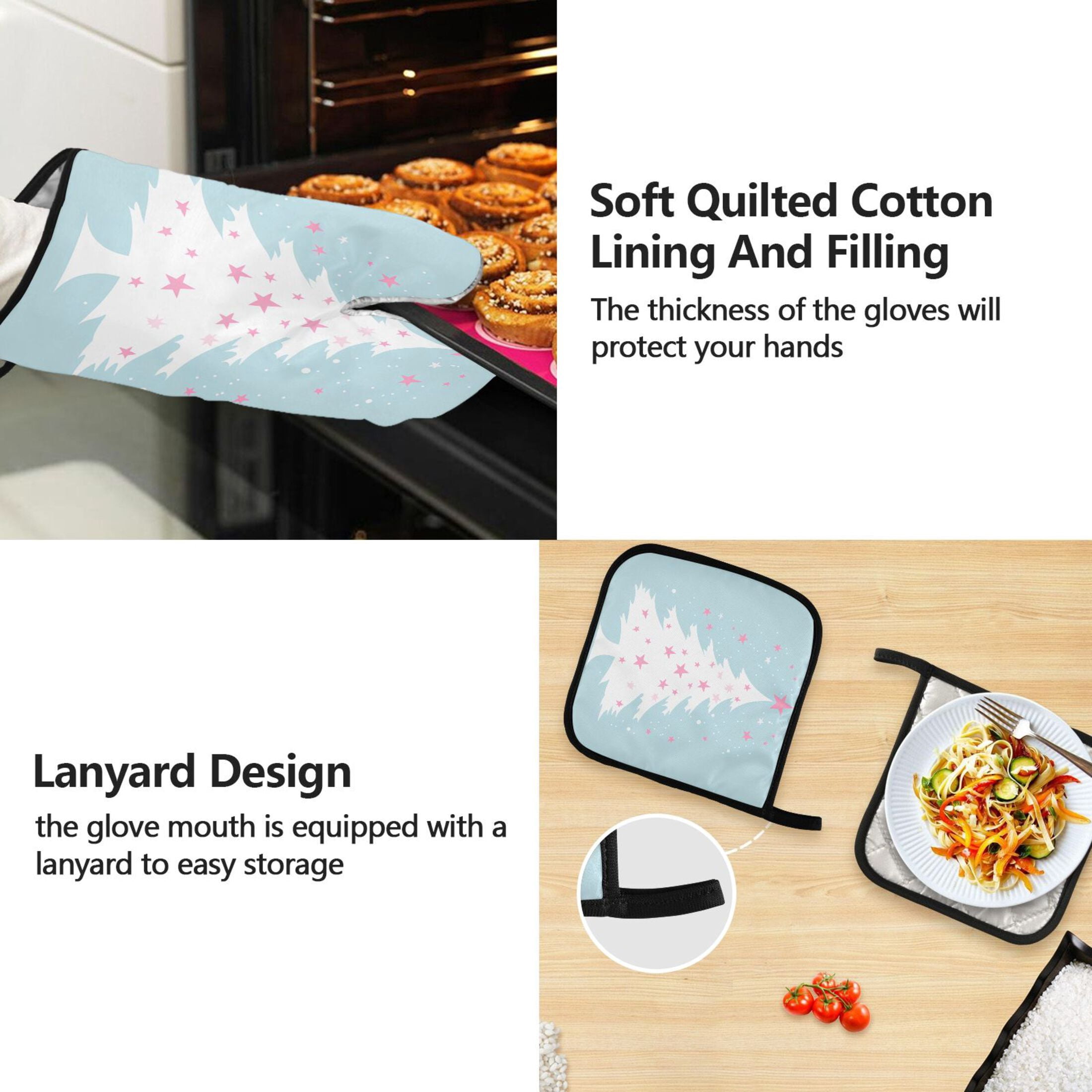 Christmas Tree and Pink Star 5 Pcs Kitchen Set Heat Resistant Oven Mitts and Non-Slip Pot Holders with Adjustable Cooking Apron