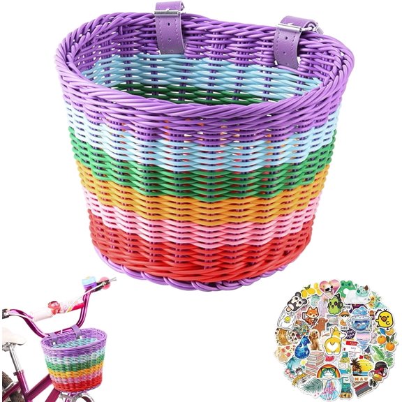 RYLZX Kids Rainbow Bike Basket Front,Hand-Woven Multi-Color Boys Girls Front Bicycle Basket
