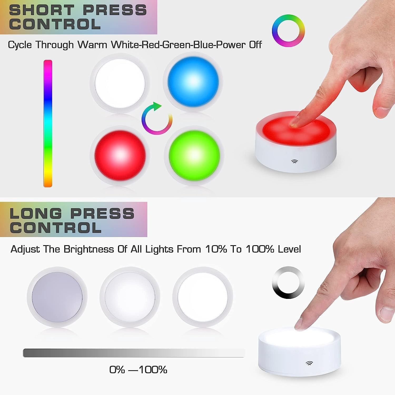 AlltroLite FA7835 Color Changing LED Puck Lights with 2 Remotes (6-Pack), Wireless LED Puck Lights Battery Operated, 13 RGB Colors Changing Under Cabinet Lights, Dimmable Closet Lights with Timer