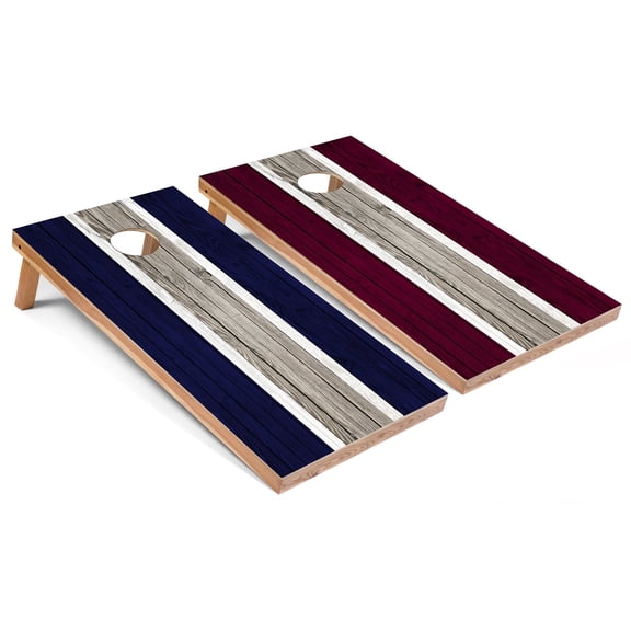Skip's Garage | Navy and Maroon Striped Cornhole Boards | Includes (2) Boards, (8) Bags & Optional Accessories