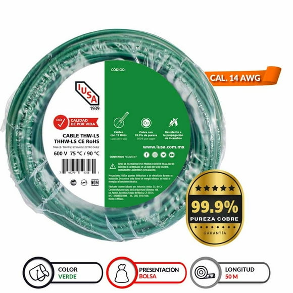 Cable Thhw-Ls Rohs IUSA Calibre 14 AWG Verde 50 M