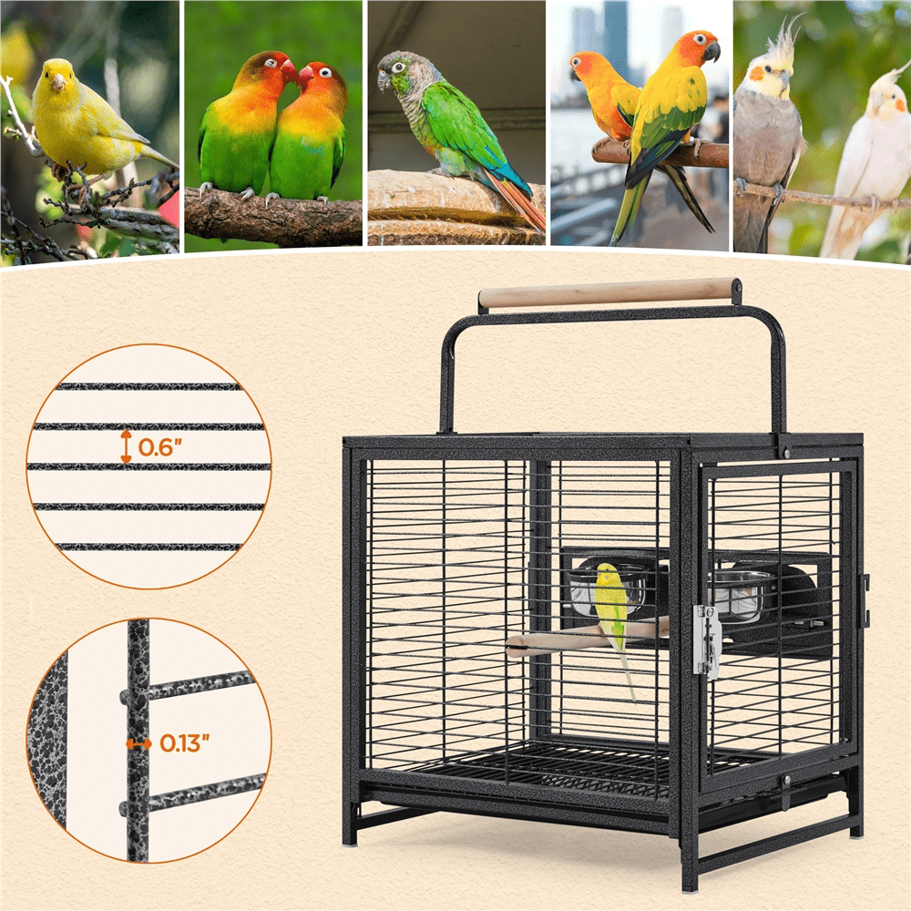 Yaheetech 26'' Wrought Iron Travel Bird Cage Carrier with Handle Perch & 2 Stainless Steel Bowls, Hammered Black