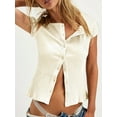thumbnail image 4 of Women'S Short Sleeve Summer Tops Ribbed Knit Button Down Tight Tees Shirts Going Out Y2K Clothes Apricot M, 4 of 8