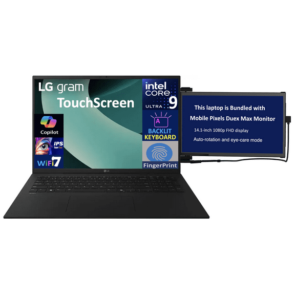 LG gram AI Powered Laptop 17.0in Touchscreen IPS WQXGA Display (Intel Ultra 9-288V, 32GB LPDDR5X, 1TB PCIe SSD, Intel Arc 140V, Backlit KB, Fingerprint, Win 11 Pro) w/Duex Max DS Monitor