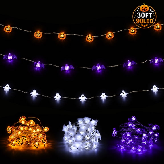 Halloween String Lights, 90 LEDs 30FT Halloween Pumpkin Ghost Bat Battery Operated Fairy Lights for Indoor Outdoor Party Home Yard Window Decor