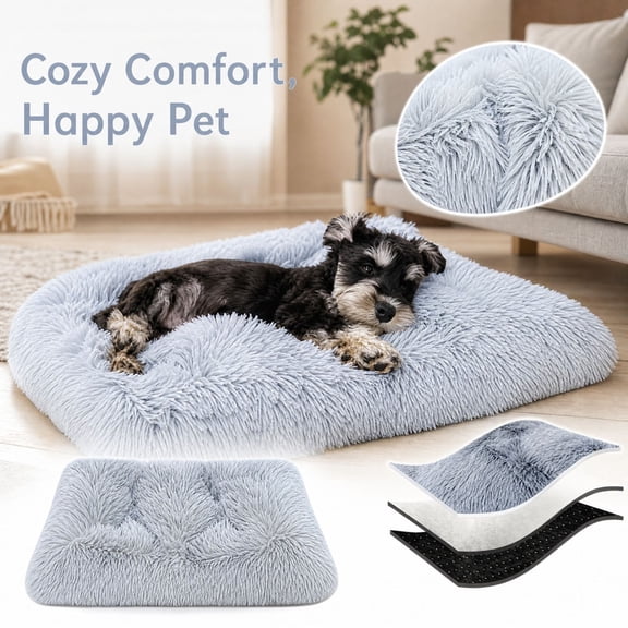 Plush Calming Dog Bed Long Soft Pet Mat for Small Medium Dogs Cats Washable Non Slip Sleeping Pad for Indoor Home 28 X 20 Inch Light Gray Fluffy Cuddling Cushion