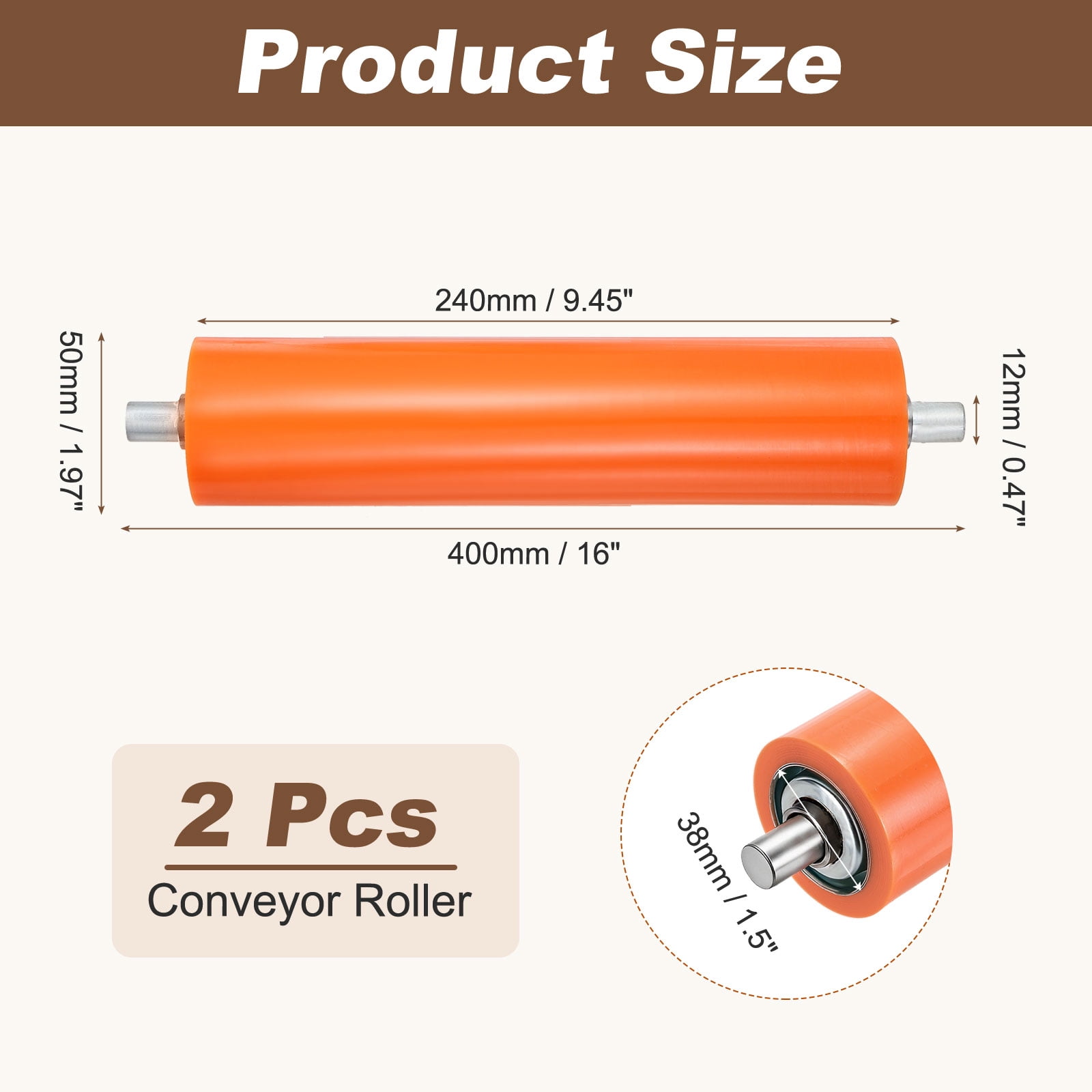 Uxcell 2" Dia 16" Long Conveyor Roller, 2Pcs Rubber Coated Galvanized Carbon Steel Heavy Duty Industrial Transfer Accessories for Kayaks Raft Conveyors Roller Stands Woodworking, Orange