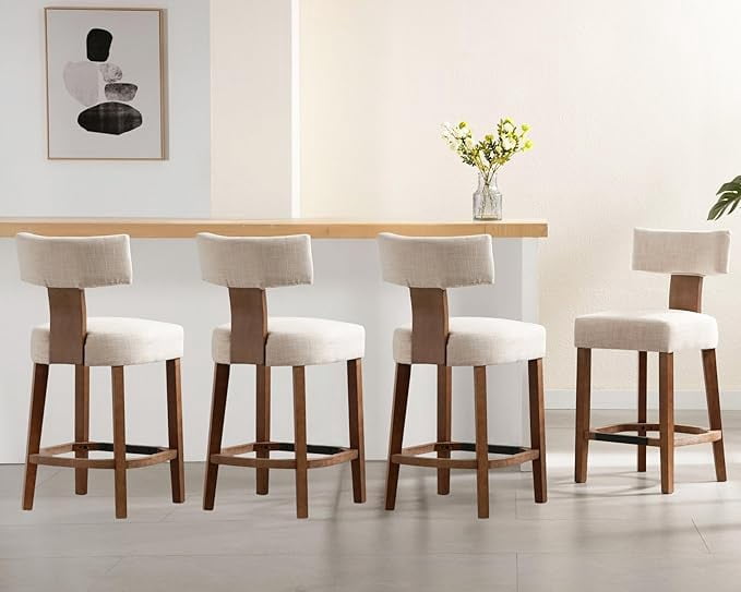 Guyou 26" Bar Stool Set of 2, Modern Linen Upholstered Counter Height Barstools with Hardwood Frame, Wooden Farmhouse Kitchen Island Chairs for Bar Restaurant, Beige