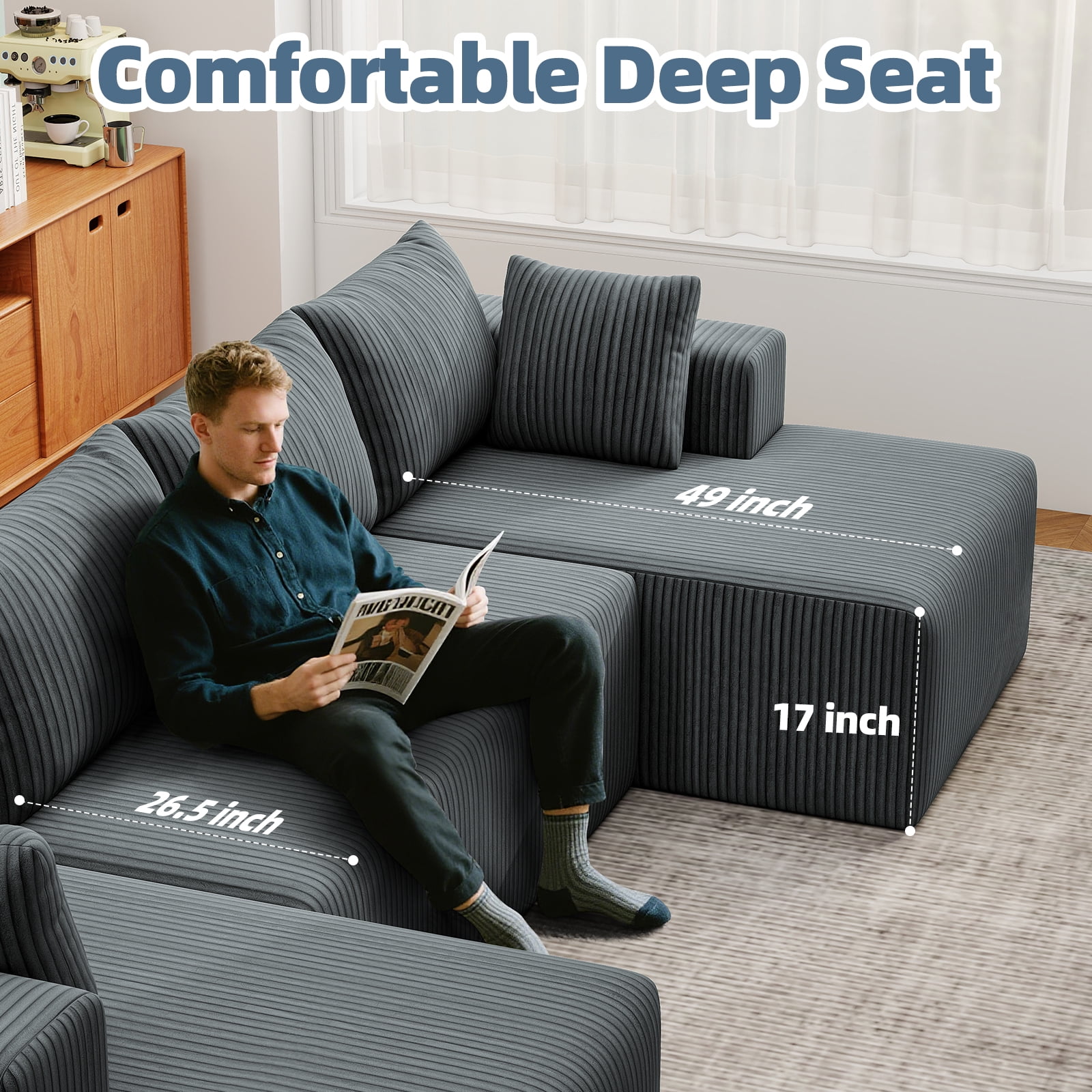 132''Modular Boneless Couches for Living Room, Corduroy Deep Seat Sofa with 2 Chaise Lounges and 1 Loveseat