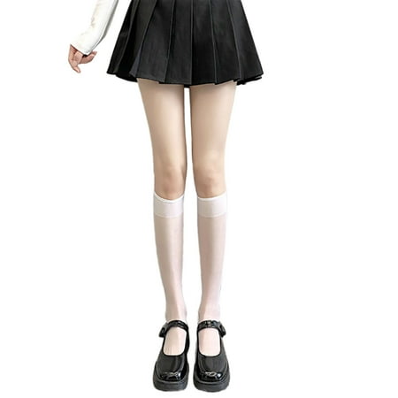 

Sorrowso Women Spring Summer Sheer Silky Knee High Socks Non-Slip Elastic Top Solid Color Ultra-Thin Transparent Breathable Long Tube Calf Stockings