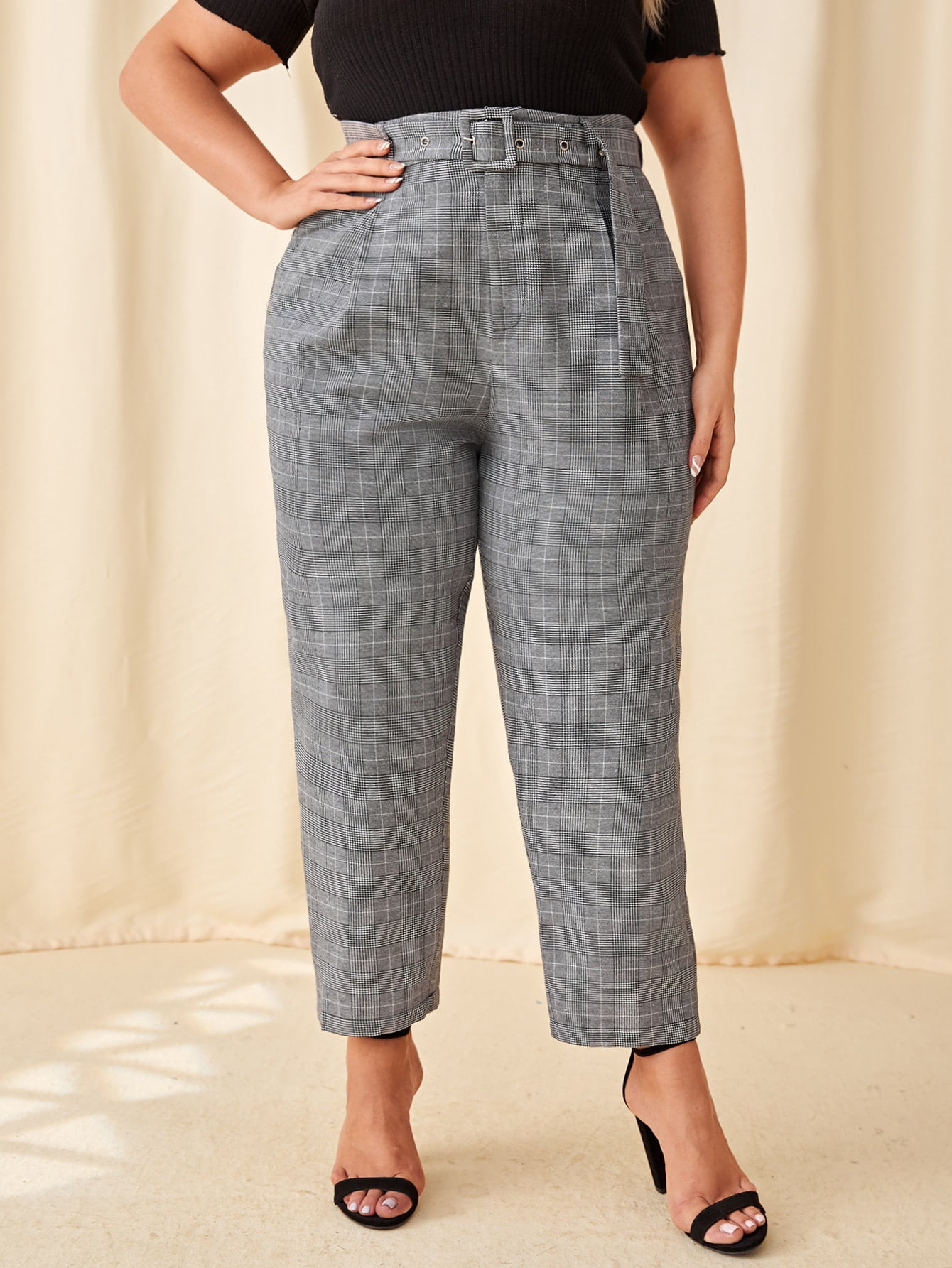 Grey Women's Plus Buckle Belted Plaid 