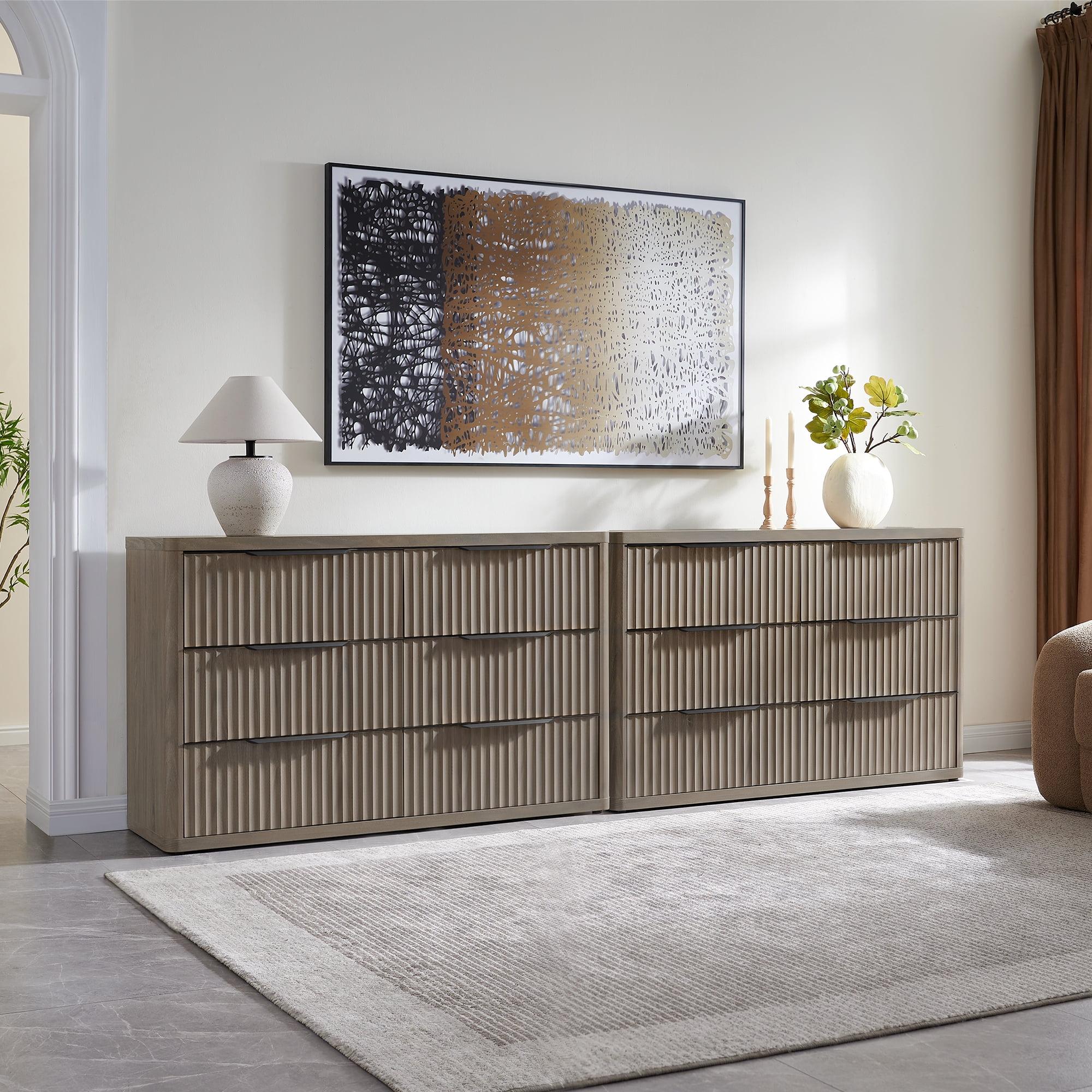SICOTAS 53.5" Wide 6 Drawer Dresser for Bedroom Set of 2, Farmhouse Chest of Drawers with Black Handles, Fluted Wood Storage Cabinet for Living Room, Grey Alder