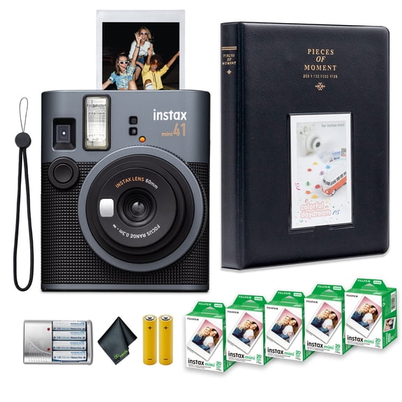 FujiFilm Instax Mini 41 Instant Film Camera Bundle With 5x Fuji Instax-Instant-mini Film Value Pack (100 Sheets)   4x Rechargeable AA Batteries With Charger   Photo Album – 64 Pockets   More
