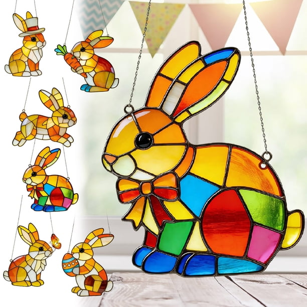 Decoración de la ventana – Atrapasol de conejo de Pascua, adorno colgante de estilo acrílico teñido para granja de jardín en casa, ligero con cadena metálica, 20 cm