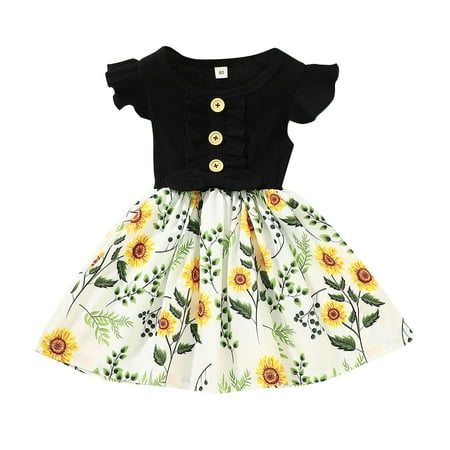 

OVTICZA Baby Toddler Short Sleeve Sundress Summer Ruffle Dresses Floral Dress for Girl Black 120