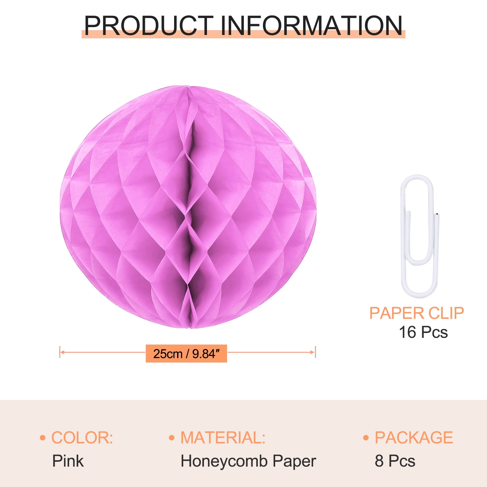 Uxcell 8 Pcs Honeycomb Balls, 10" Dia Honeycomb Flower Paper Pom Poms Paper Flowers Crafts for DIY Crafting Home Decor Birthday Christmas Party, Pink