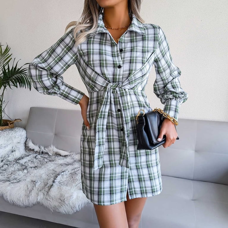 Hapimo Womens Plaid Dresses Flannel Babydoll Dress Casual Lapel Collar Tunic Dress Long Sleeve Belted Fall Dresses with Pockets Green XL, Women's