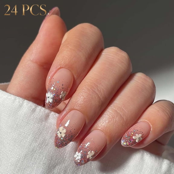 French Tip Press-On Nails, Almond,multicolor,Medium Length, 24 Count