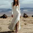 thumbnail image 3 of Women's Maxi Dress Long Dress Long Sleeve Western Style Button Front Gathered Detail Sexy Dress for Spring Fall,Beige,L, 3 of 6
