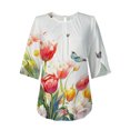 thumbnail image 3 of Women Casual Loose Flowers Printed Round Neck Flared Quarter Sleeve Tshirt Shirt Top Workout Shirt Womens Long Exercise Shirts Women Athletic Wear Women T Shirts Women Set Work T Shirts Women for, 3 of 4