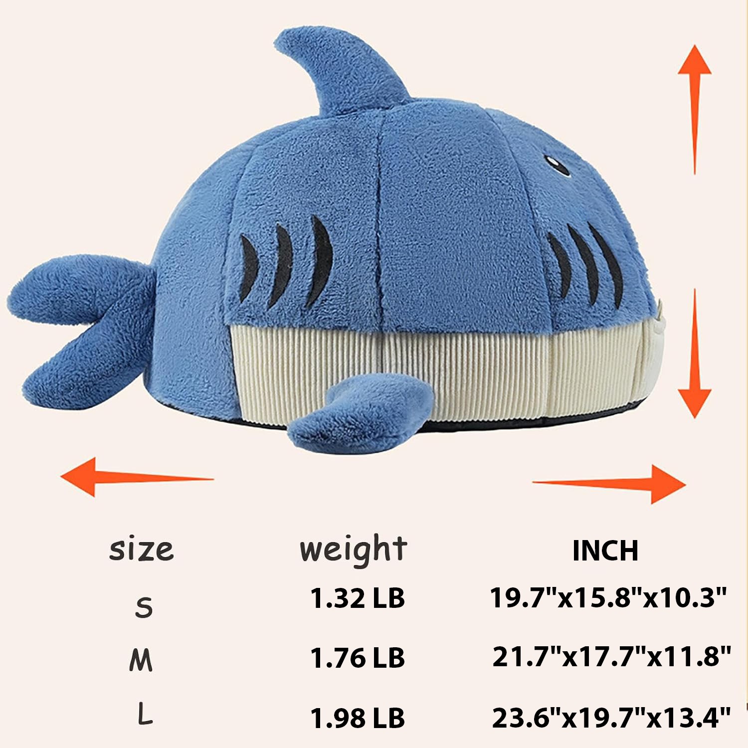 ShadeMart Winter Warm Cat Bed, Large Shark Plush Hideaway House with Removable Liner