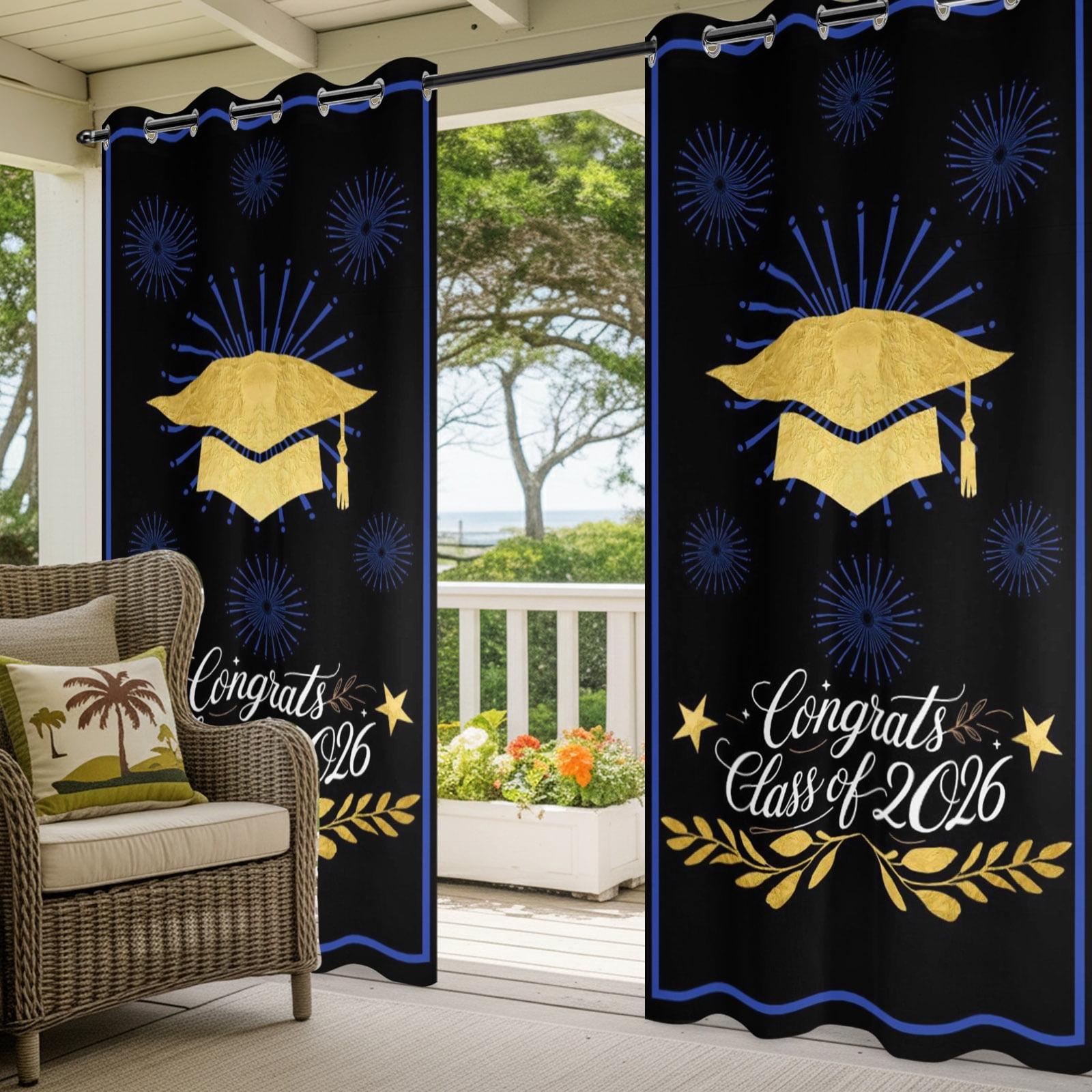 Gold Gingham Outdoor Curtains for Patio, Class of 2026 Fireworks Academic Graduation Black Sunshade Privacy Drapes Grommet Waterproof Outside Curtains for Porch/Cabana/Balcony 54"x 108", 1 Panel