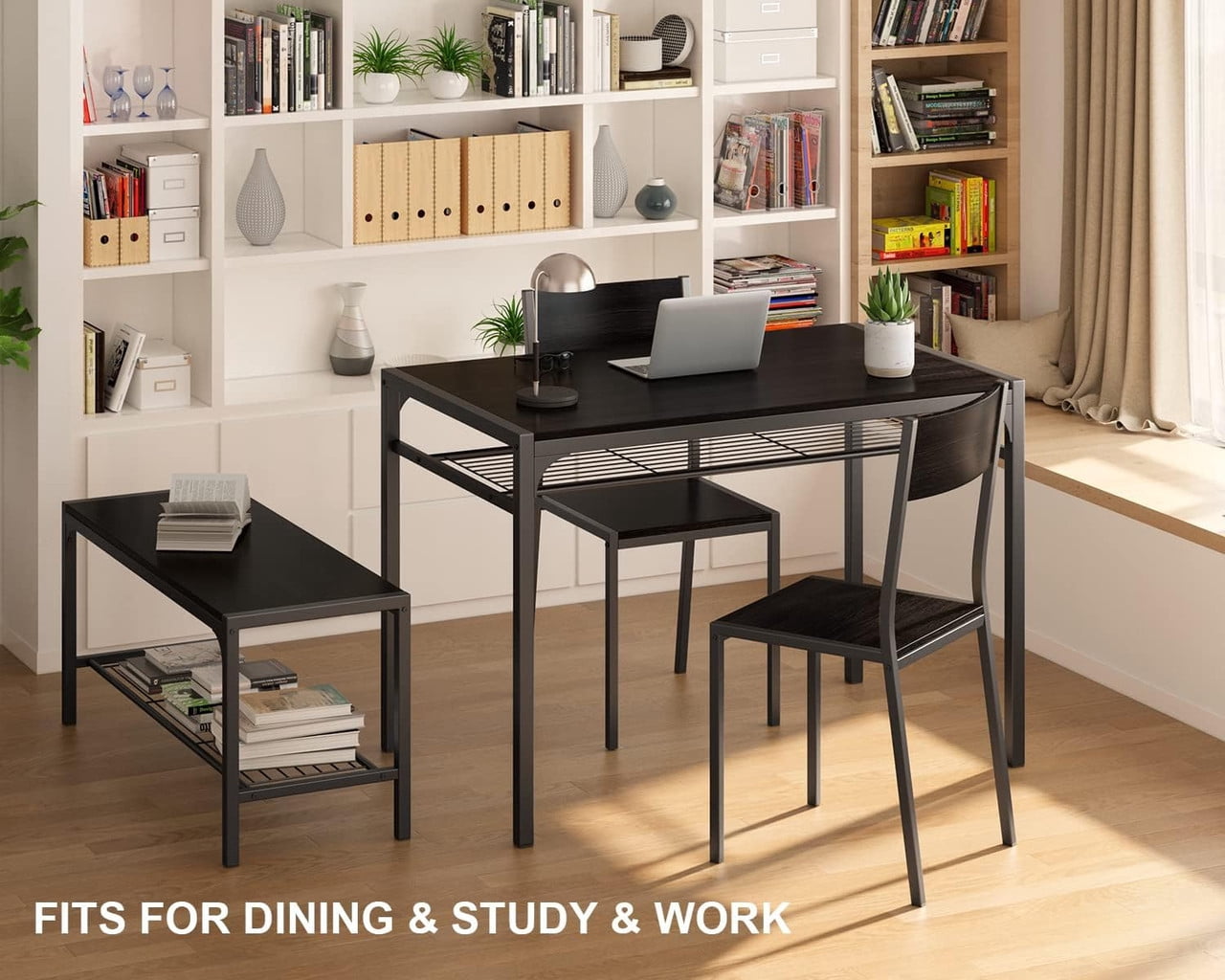4-Piece Dining Table Set for 4, Kitchen Table with 2 Chairs & Bench, Compact Furniture for Small Space & Apartment Black