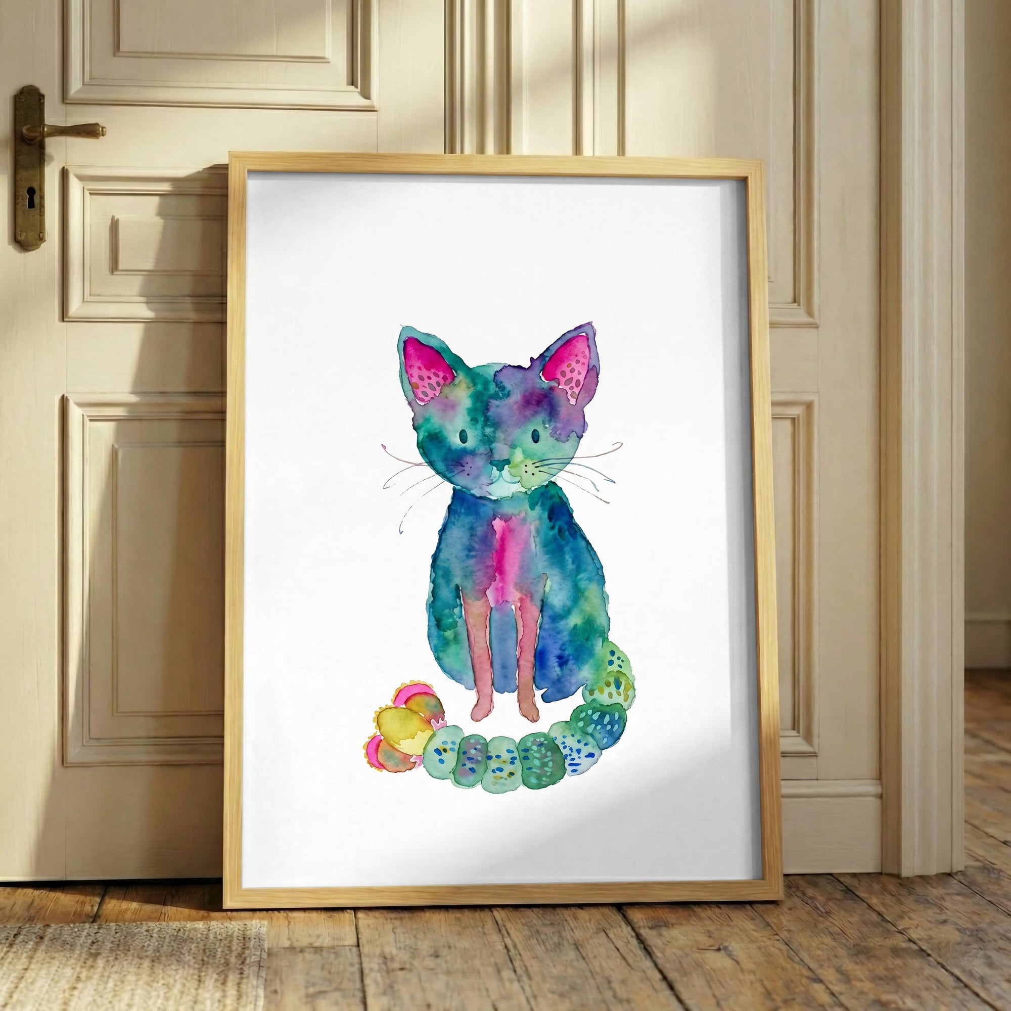 Colorful Cat Print Whimsical Feline Wall Art Vibrant Pet Portrait Cute Nursery Decor And Blue Cat Boho Animal Poster Poster Print Only