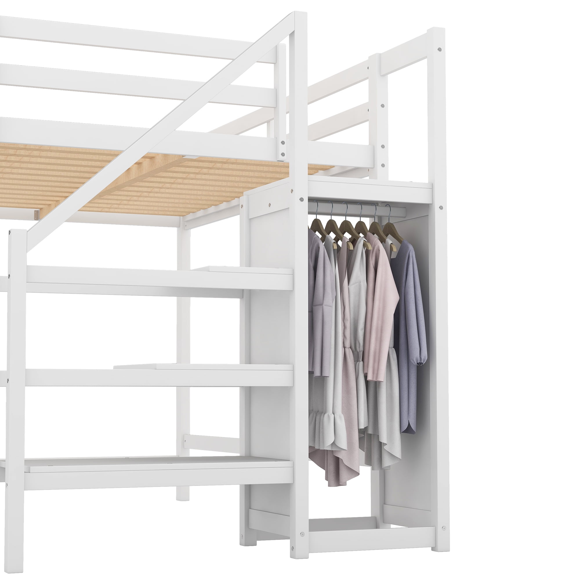 Aukfa Full Loft Bed with Built-in Storage Wardrobe, Solid Wood Bed Frame with Staircase for Kids Adults - White