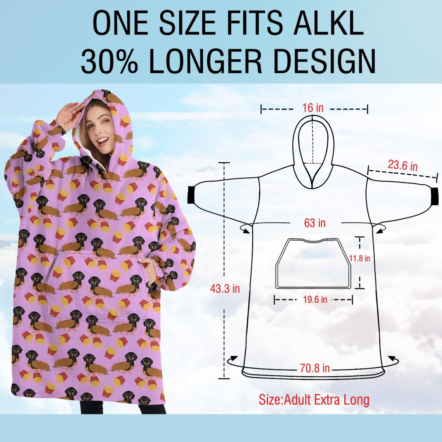 Oversized Wearable Blanket Hoodie,Pink Dachshund Chips Sherpa Blanket Hoodie with Super Pockets,Super Warm Fuzzy Pullover for Women & Men