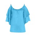 thumbnail image 4 of Pincandy Women's Summer Printing Strappy Cold Shoulder T-Shirt Cold Shoulder Tops Summer Sexy Casual Short Sleeve Ruched Scoop Neck Banded Bottom Shirts Blouse,Sky Blue,2XL, 4 of 5