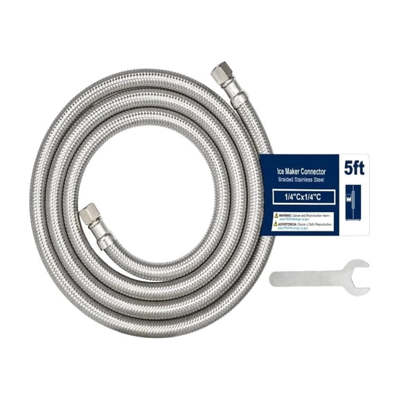 Krydros 5FT Braided Stainless Steel Refrigerator Water Line, 1/4 Inch Quick Connect Fitting, Universal Ice Maker Water Supply Hose