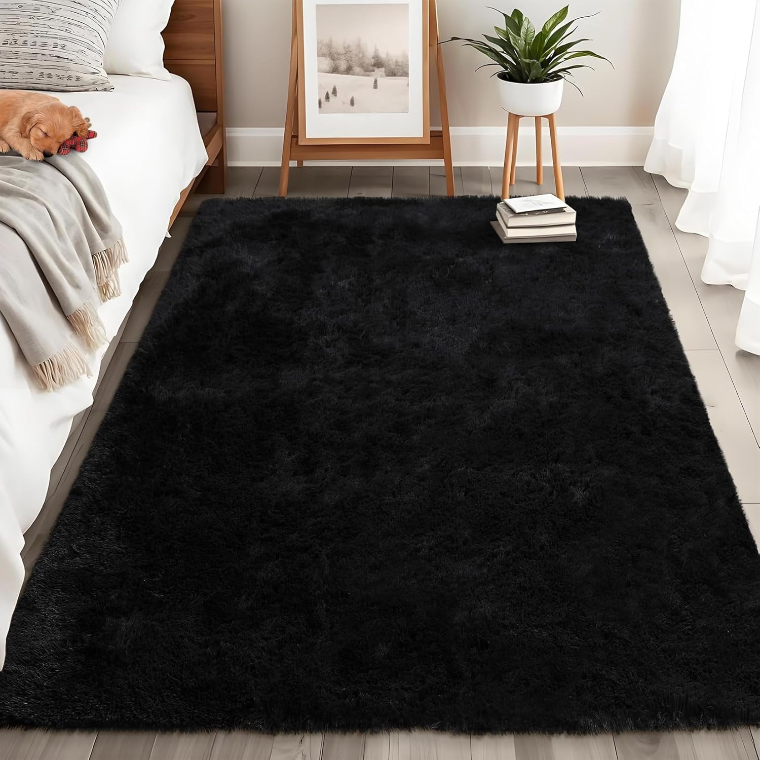 Memoryfield 4' x 6' Area Rug, Plush Non-Skid Rug, for Bedroom Living Room, Black