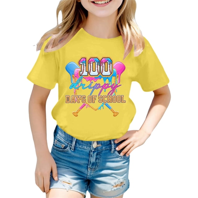 Rhuody Hauts Fille T-Shirt Col Rond Imprimés Dessin Animé T-Shirt Manches Courtes Hauts Tenue Décontractée d'Été 4-5 Ans Jaune