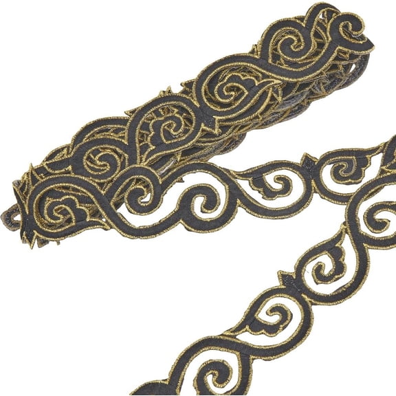 4.2 Yards Black Iron on Pach Lace Trim Metallic Ribbon Sew Applique Adhesive Floral Cloud Gold Decorative 1.57 Inch Embroidery Woven Fabric for Sewing Bridal DIY Crafts Garment Home Decors