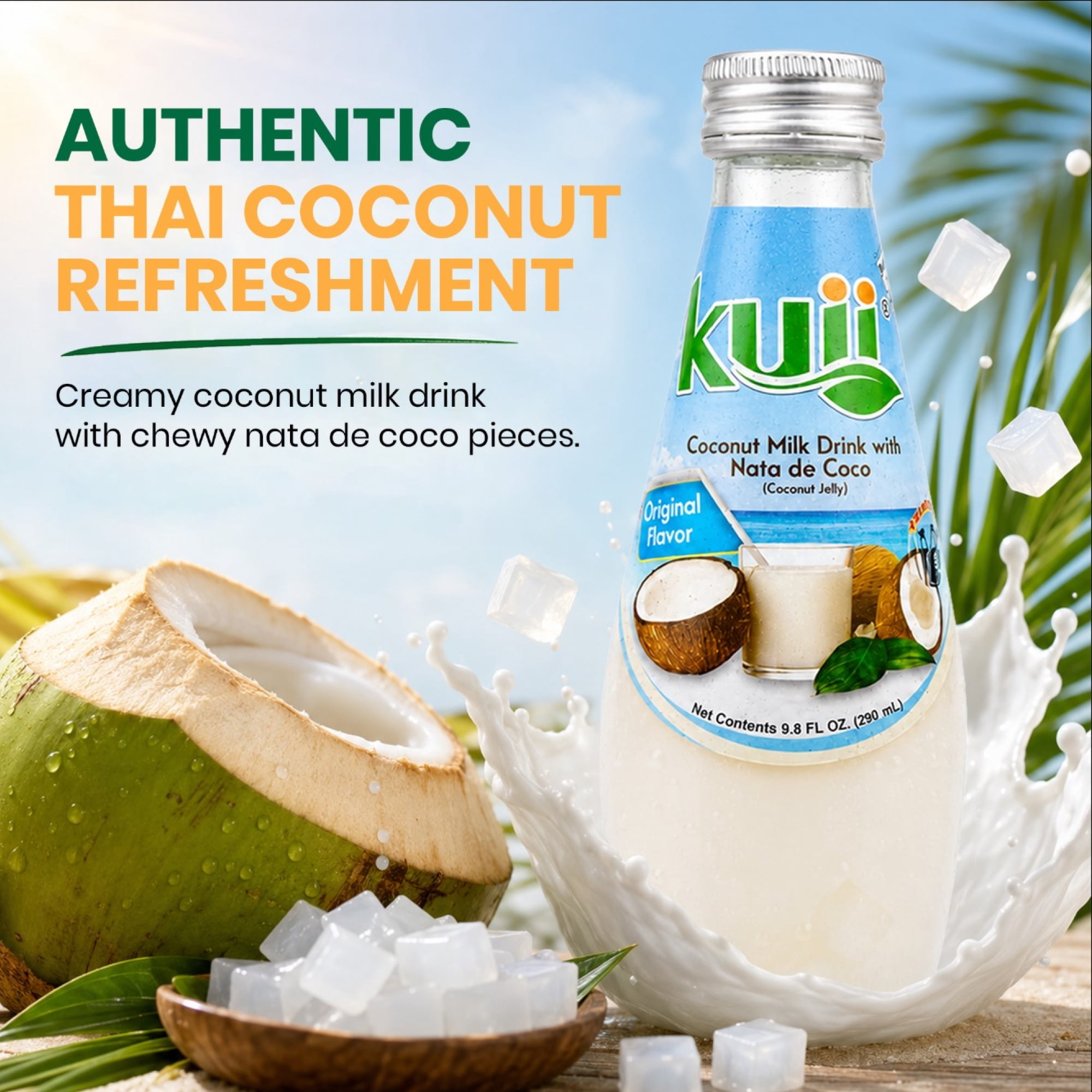 (4 pack) Kuii Drinks Coconut Milk with Nata de Coco, Original, 290 mL Single Glass Bottle
