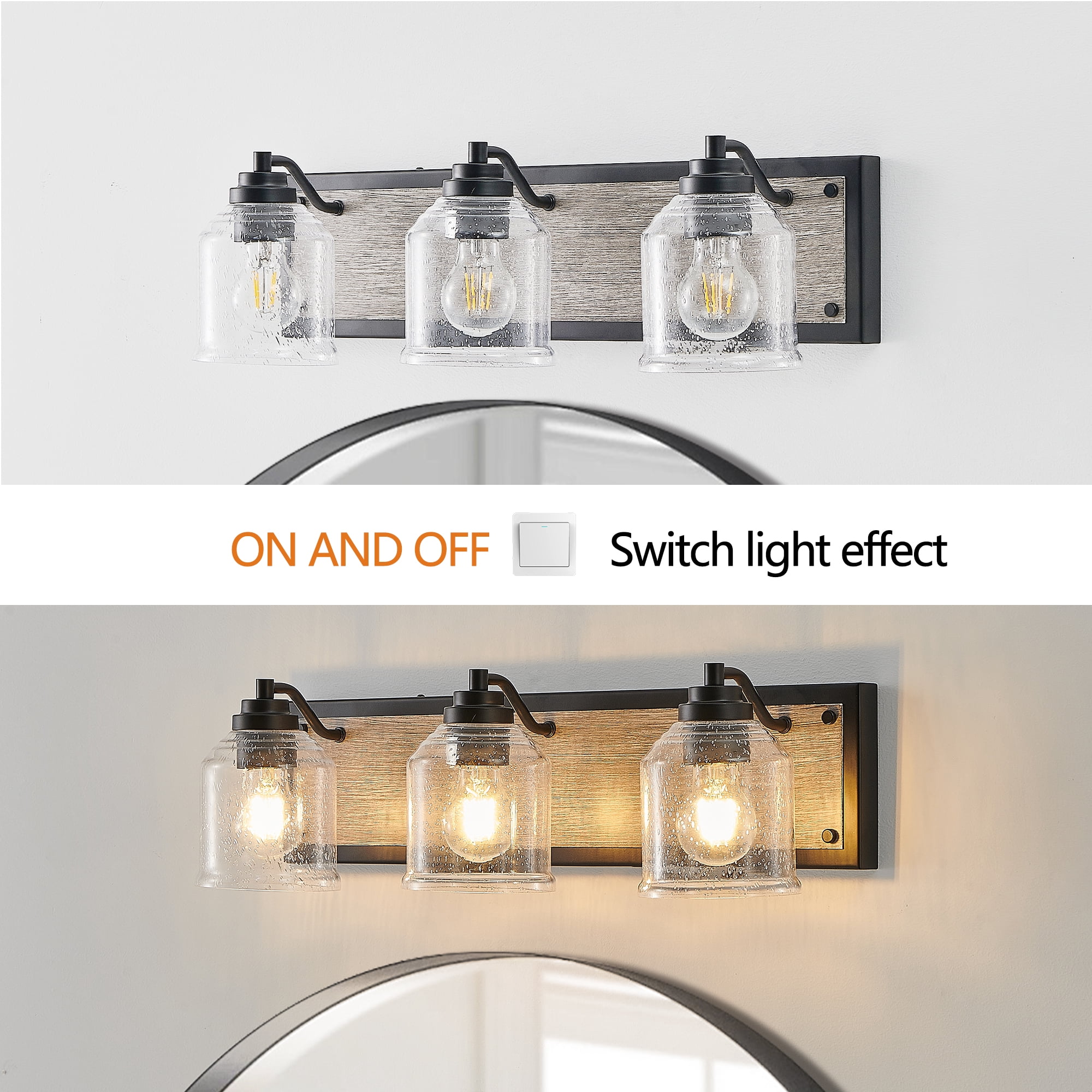 3-Light Bathroom Vanity Light Rustic Black Finish with Wood Backplate, E26, No Bulbs