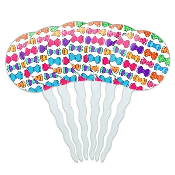 Girly Cute Colorful Bows Pattern Cupcake Picks Toppers Decoration Set of 6