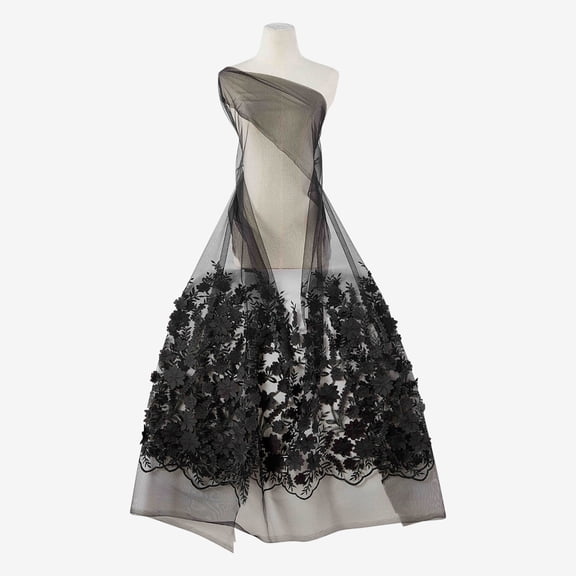 Zelouf Choux 3D Floral Single Border Mesh  , Sewing, DIY, Crafts Fabric by the Yard, Black, 50 Yard