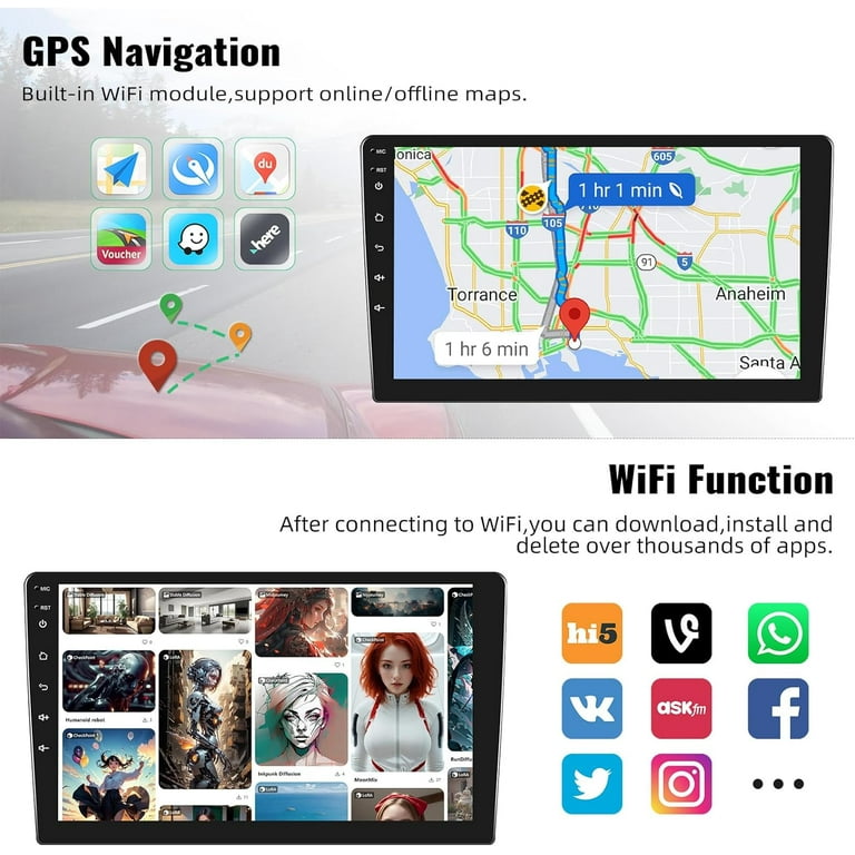 1G + 32G Android Single DIN Car Stereo Pantalla táctil desmontable, Rimoody  10.1 pulgadas 1 DIN Radio de coche con Bluetooth GPS WiFi FM Mirror Link