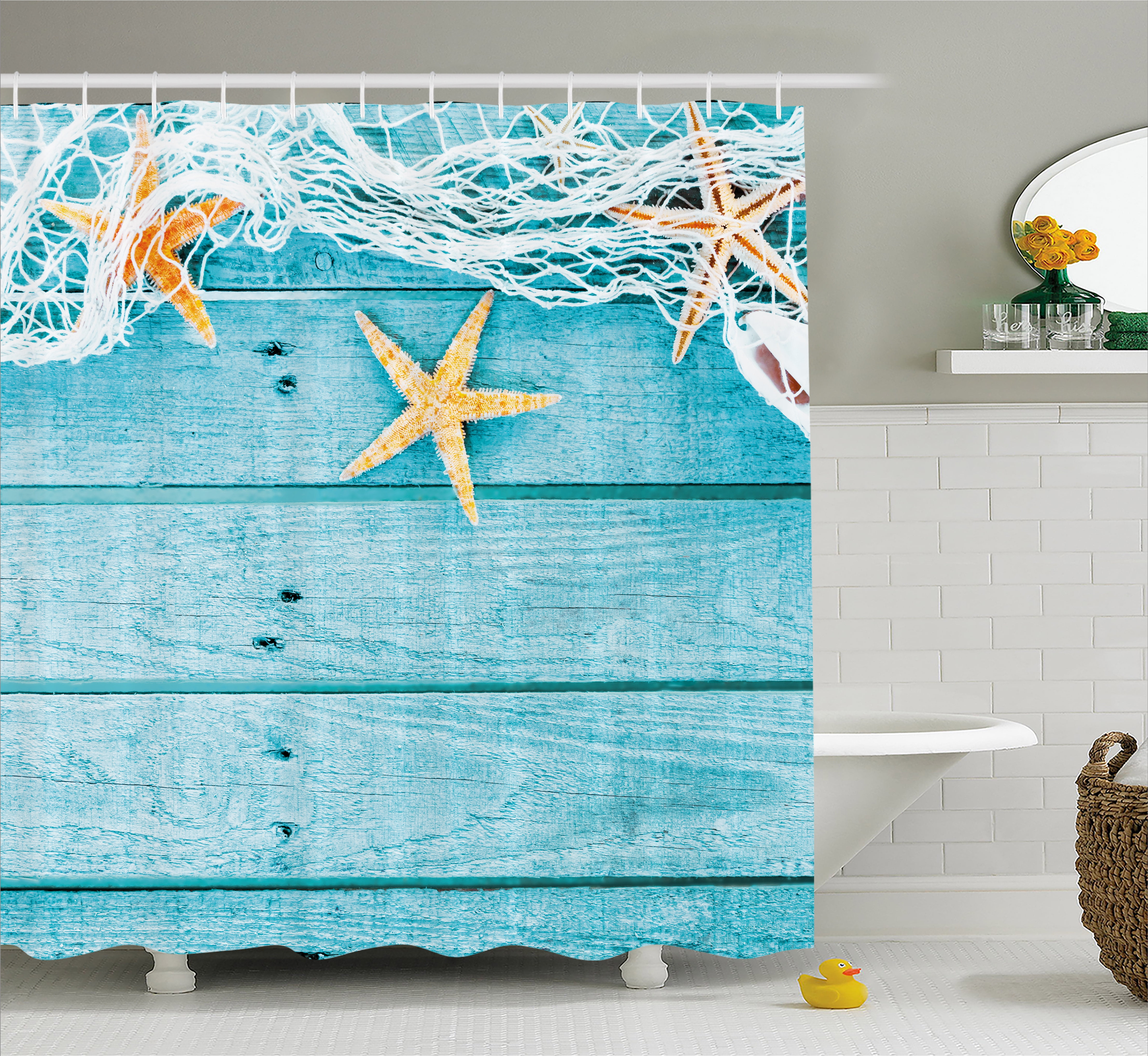 Starfish Decor Shower Curtain, Rustic Wood Boards Fishing Net and Ocean