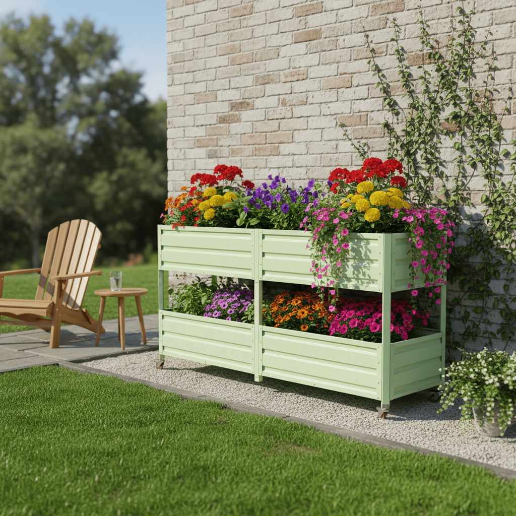 Mintazer 2-Tier Elevated Metal Raised Garden Bed with Lockable Wheels, 2-Layer Raised Planter Box for Backyard Patio Balcony Greenhouse, Green
