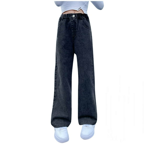 Efsteb Girls Kids Denim Wide Leg Pants Children's Kids Elastic Waisted Casual Straight Leg Baggy Pants (Black,9 Years)